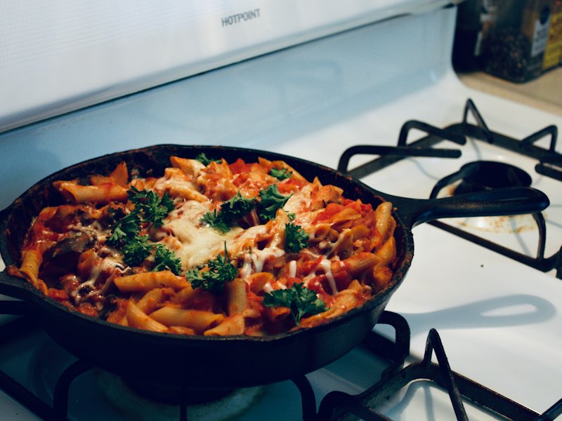 Cooked food on black frying pan